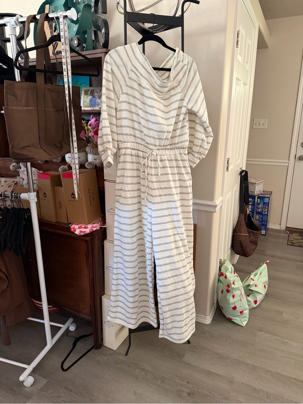 Striped Drawstring Wide-Leg Jumpsuit - Cream & Gray